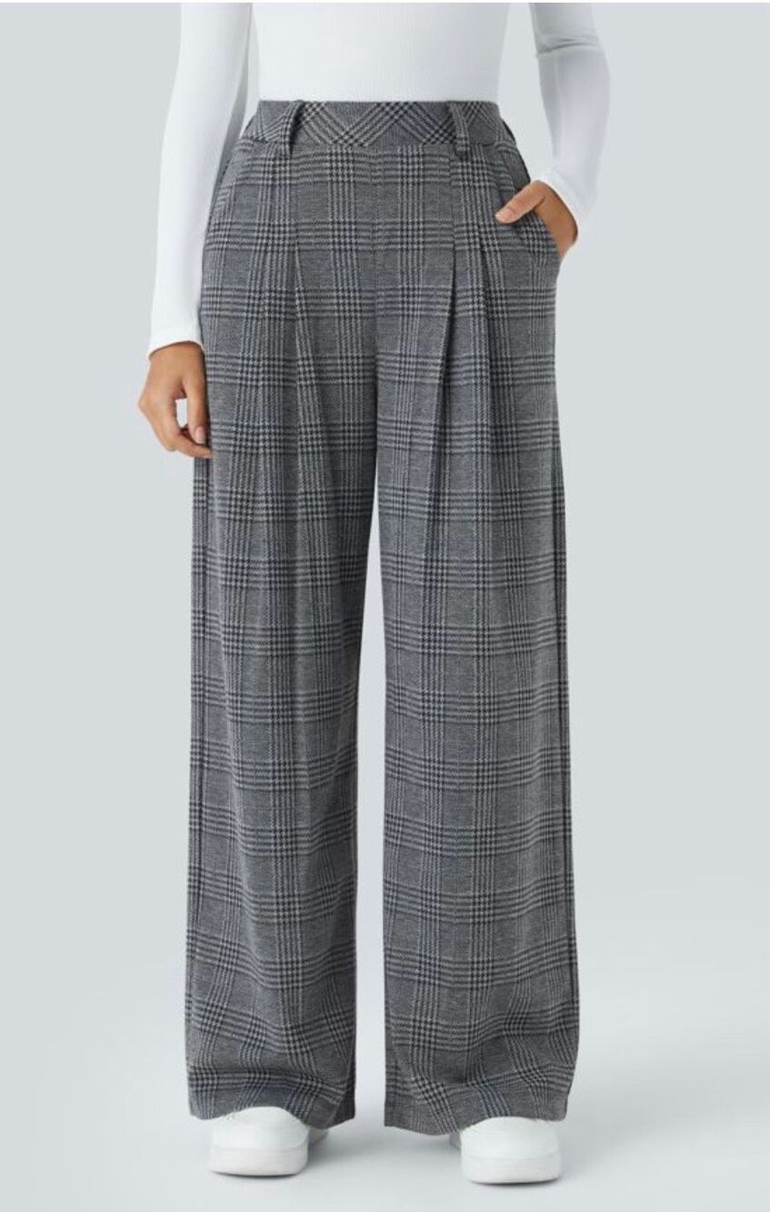 Halara NWT L High Waisted Pocket Wide Leg Baggy Houndstooth Plaid Casual Pants